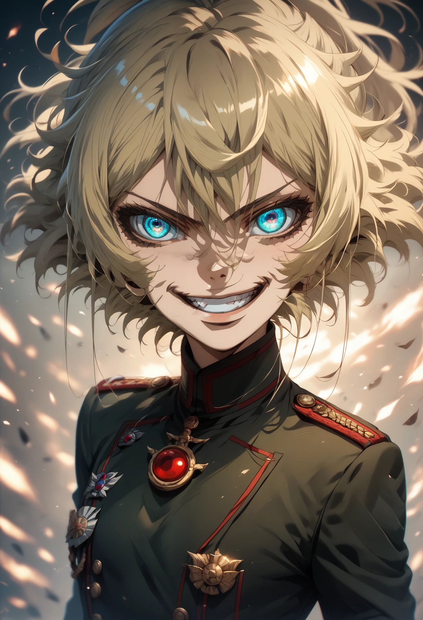 score_9, score_8_up, score_7_up, score_6_up, score_5_up, score_4_up, 1 girl, TanyaDegurechaff, no expression, evil smile, grin, beautiful sparkling blue eyes, military uniform, fierce battlefield