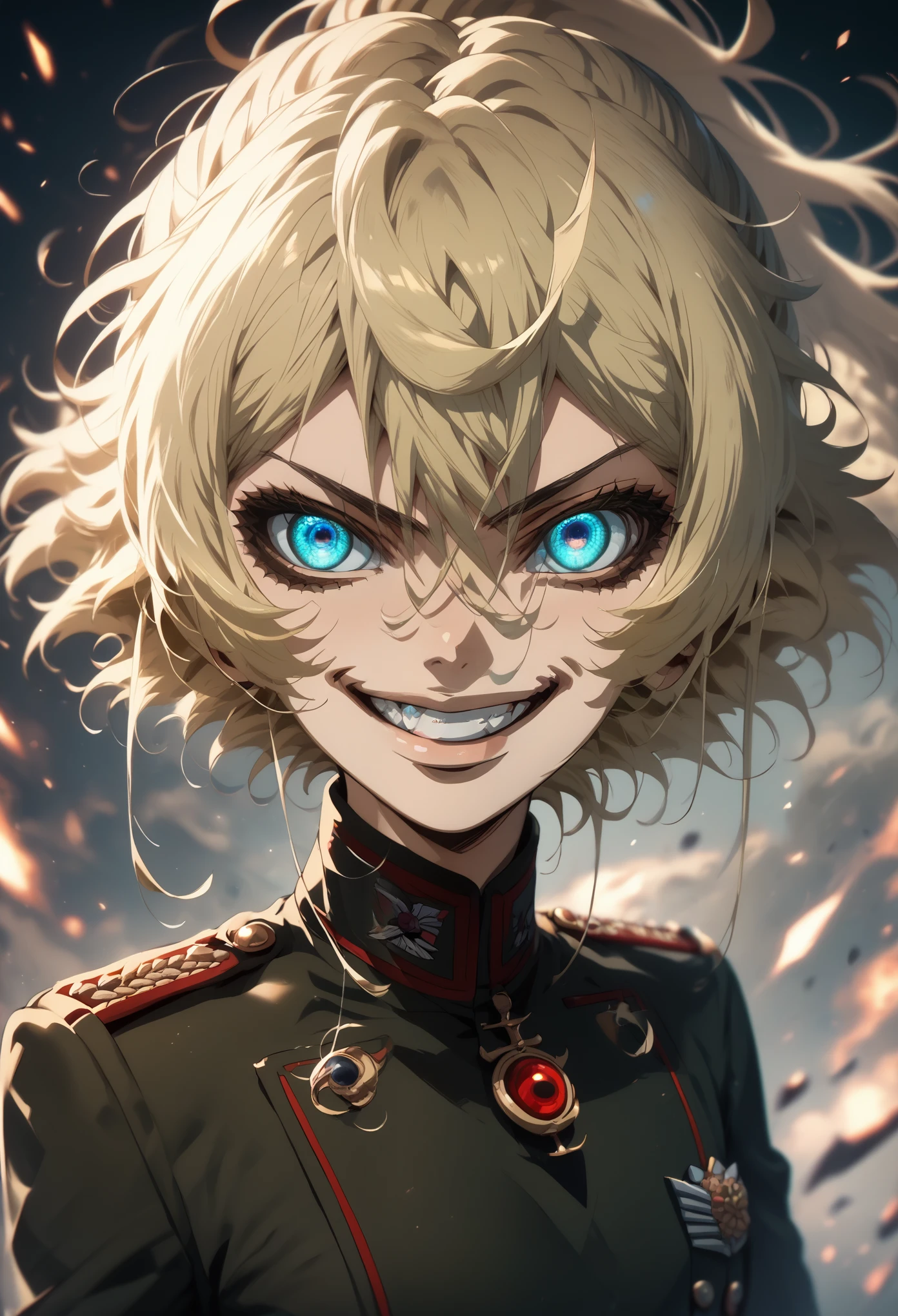 score_9, score_8_up, score_7_up, score_6_up, score_5_up, score_4_up, 1 girl, TanyaDegurechaff, no expression, evil smile, grin, beautiful sparkling blue eyes, military uniform, fierce battlefield