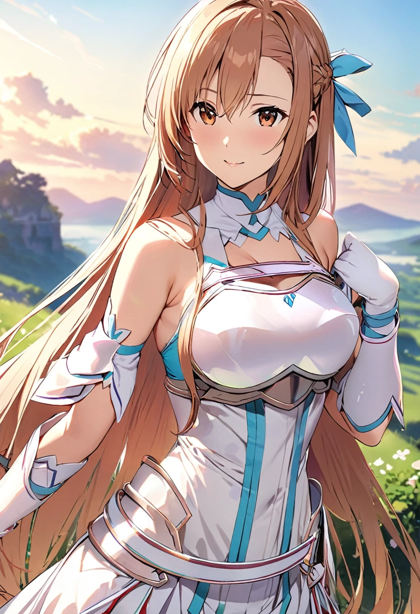 ((masterpiece)), Highest quality, Very detailed,(One Girl),Yuki Asuna、Asuna (stay), brown eyes, bare shoulders, breastplate, armor, detached sleeves, gloves, white gloves, dress, (red and white dress), Long Hair, Beautiful background ,Clothing,  chest, 