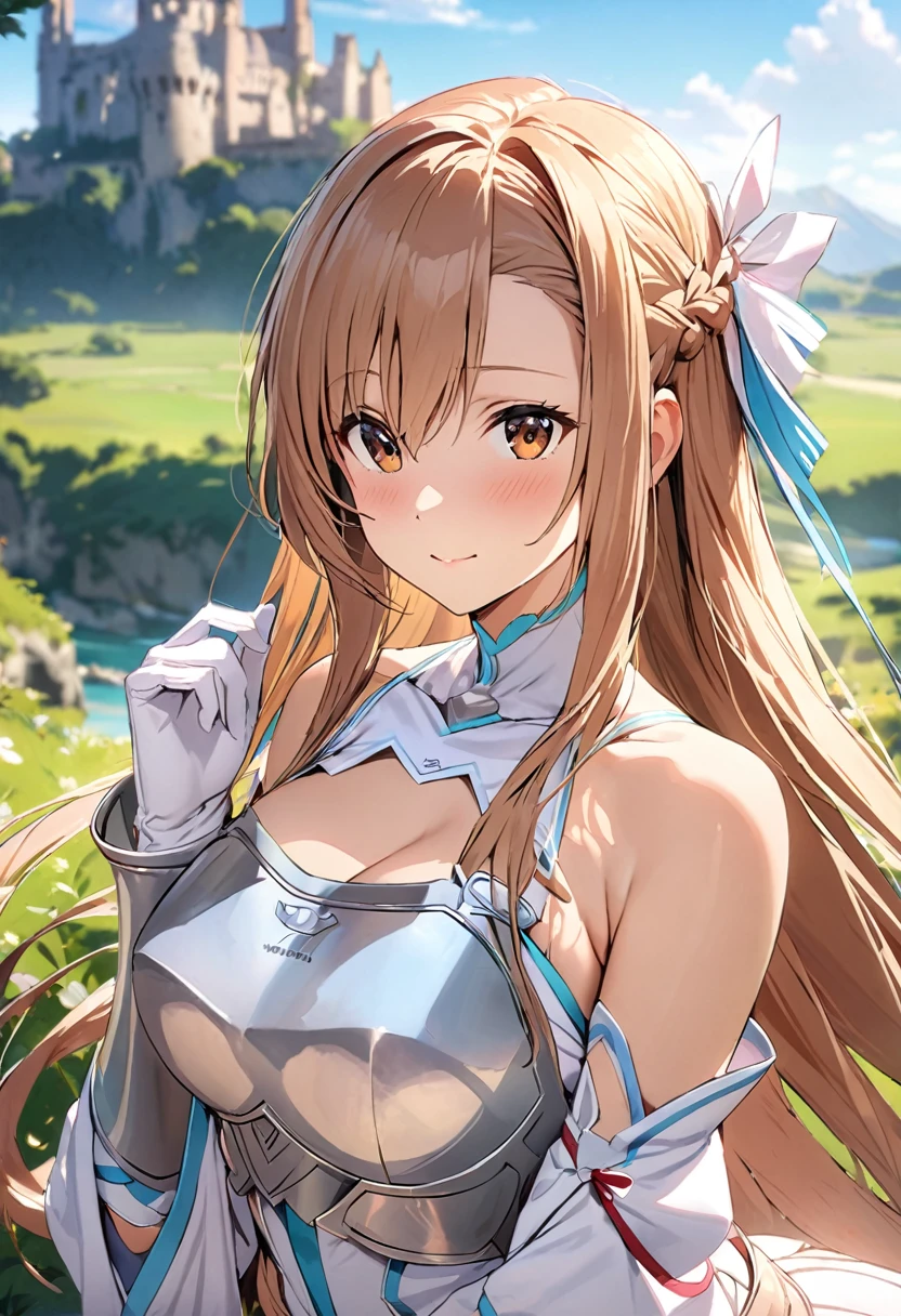 ((masterpiece)), Highest quality, Very detailed,(One Girl),Yuki Asuna、Asuna (stay), brown eyes, bare shoulders, breastplate, armor, detached sleeves, gloves, white gloves, dress, (red and white dress), Long Hair, Beautiful background ,Clothing,  chest, 