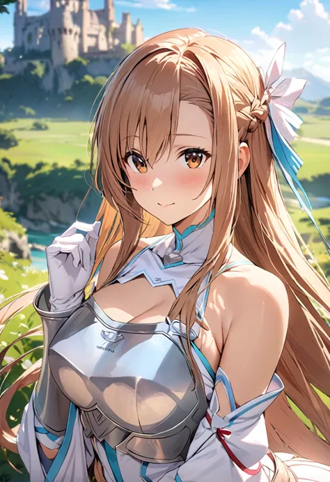 ((masterpiece)), highest quality, very detailed,(one girl),yuki asuna、asuna (stay), brown eyes, bare shoulders, breastplate, arm...