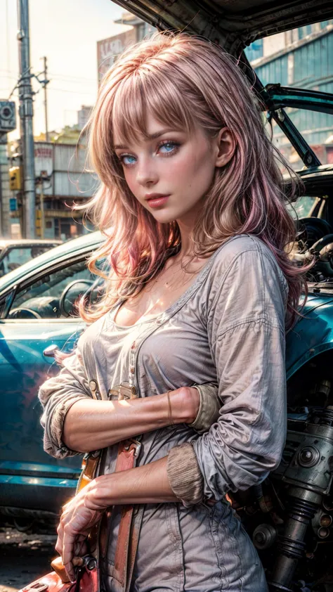 ((1woman, ella es una mecánica automotive: sexy, pink hair in soft waves, oil stains on face, pink cheeks, He has a mechanic&#39...