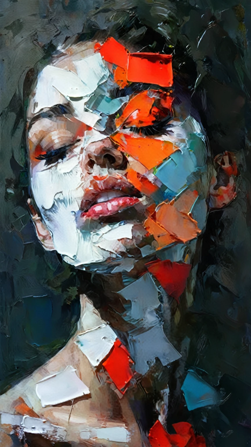 a painting of a woman with a face made of torn pieces, intricate and intense oil paint, abstract portrait, intricate oil painting artwork, wadim kashin. ultra realistic, detailed impasto, portrait made of paint, nielly, intricate and wet oil paint, oil paint, trending artistic art, artist unknown, pained expression, ryan hewett