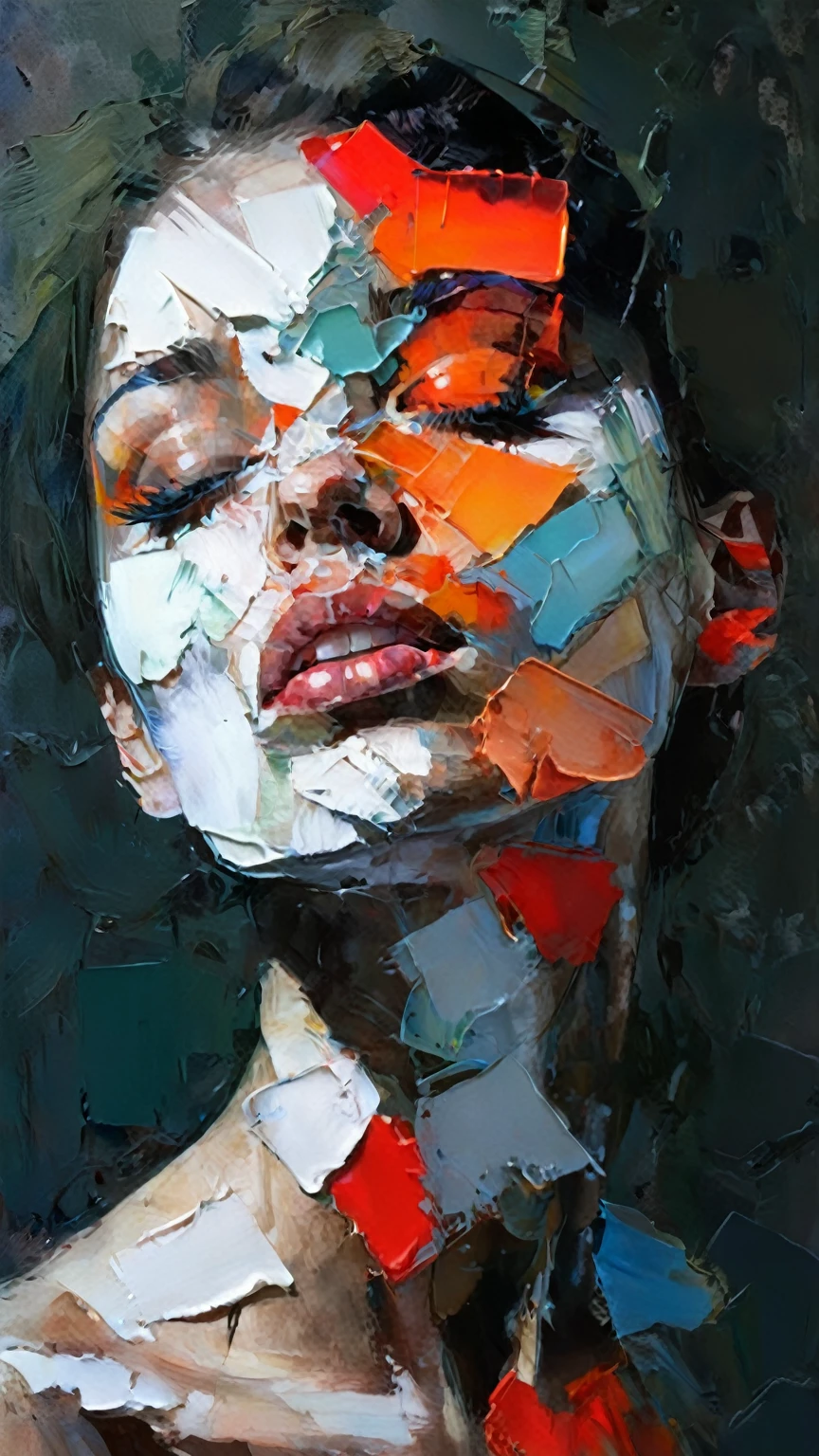 a painting of a woman with a face made of torn pieces, intricate and intense oil paint, abstract portrait, intricate oil painting artwork, wadim kashin. ultra realistic, detailed impasto, portrait made of paint, nielly, intricate and wet oil paint, oil paint, trending artistic art, artist unknown, pained expression, ryan hewett