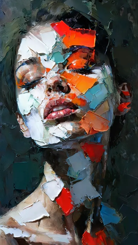 a painting of a woman with a face made of torn pieces, intricate and intense oil paint, abstract portrait, intricate oil paintin...