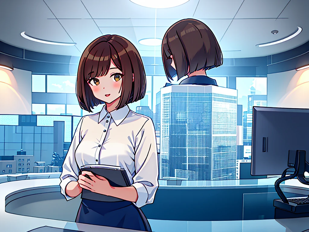 news studio, faceless office lady, brown hair, bob cut, upper body, leading news, small wipe of park, detailed news program, [pixel art]