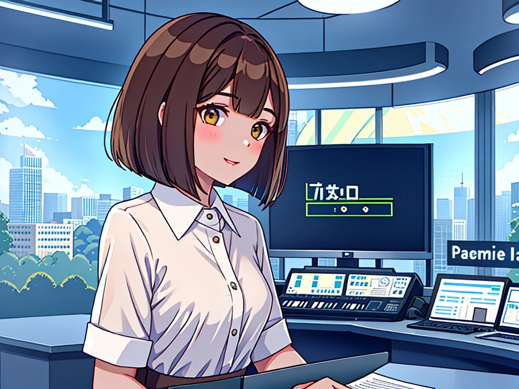 news studio, faceless office lady, brown hair, bob cut, upper body, leading news, small wipe of park, detailed news program, [pixel art]