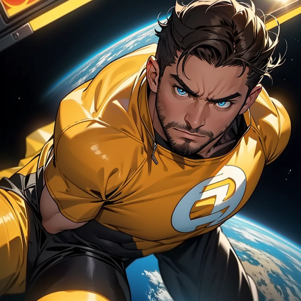 An award-winning original photo，A wild muscular man, (30 years old man:1.3), 1boy, Solo, (wearing a (yellow lantern) metal suit), (yellow ring on a finger), spikes, neon stripes, black hair, (big shoulder), muscular, hunk, stubbles, Short beard, (Detailed face:1.3), (beautiful eyes:1.2), really angry, Dynamic Angle, volumetric lighting, (Best quality, A high resolution, Photorealistic), Cinematic lighting, Masterpiece, RAW photo, Intricate details, hdr, depth of field, knee-up shot, in space background