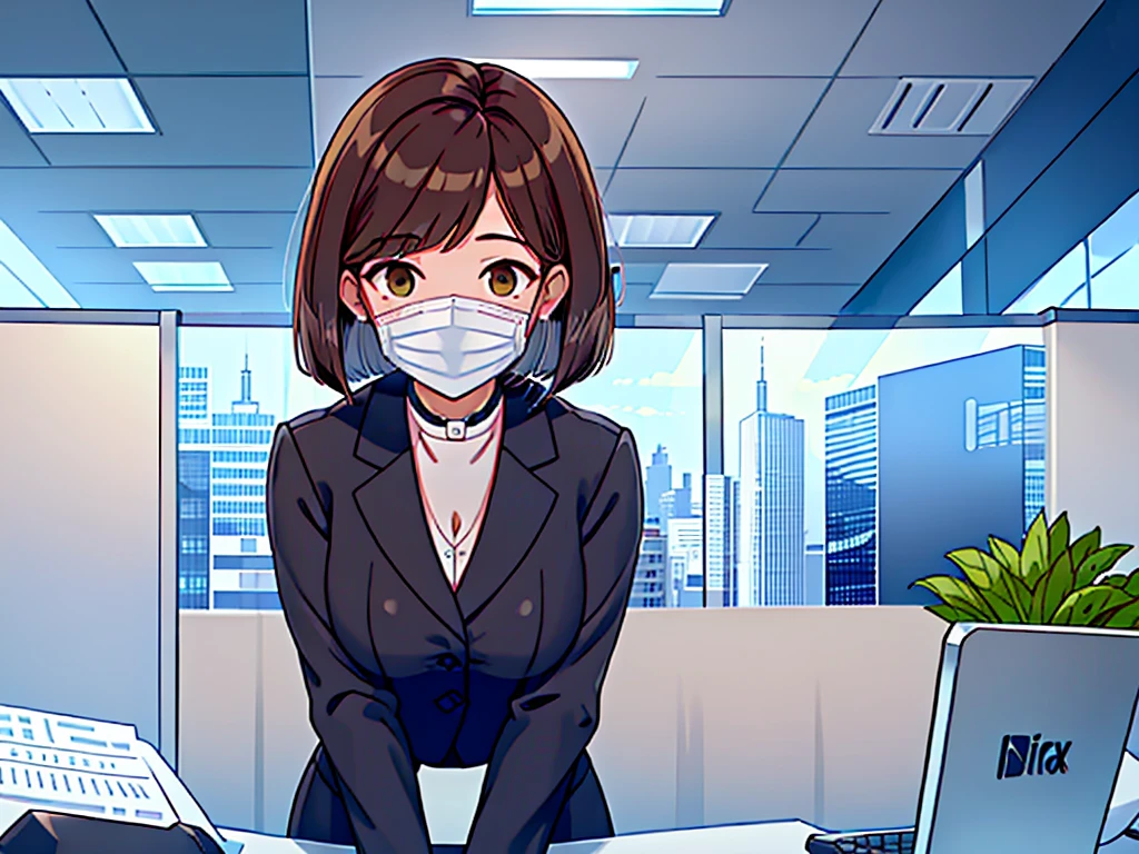 news studio, (((faceless office lady))), brown hair, bob cut, upper body, leading news, small wipe of park, detailed news program, ((from front)), [pixel art]