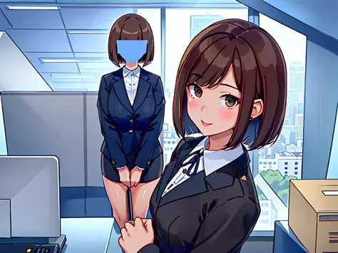 news studio, (((faceless office lady))), brown hair, bob cut, upper body, leading news, small wipe of park, detailed news progra...