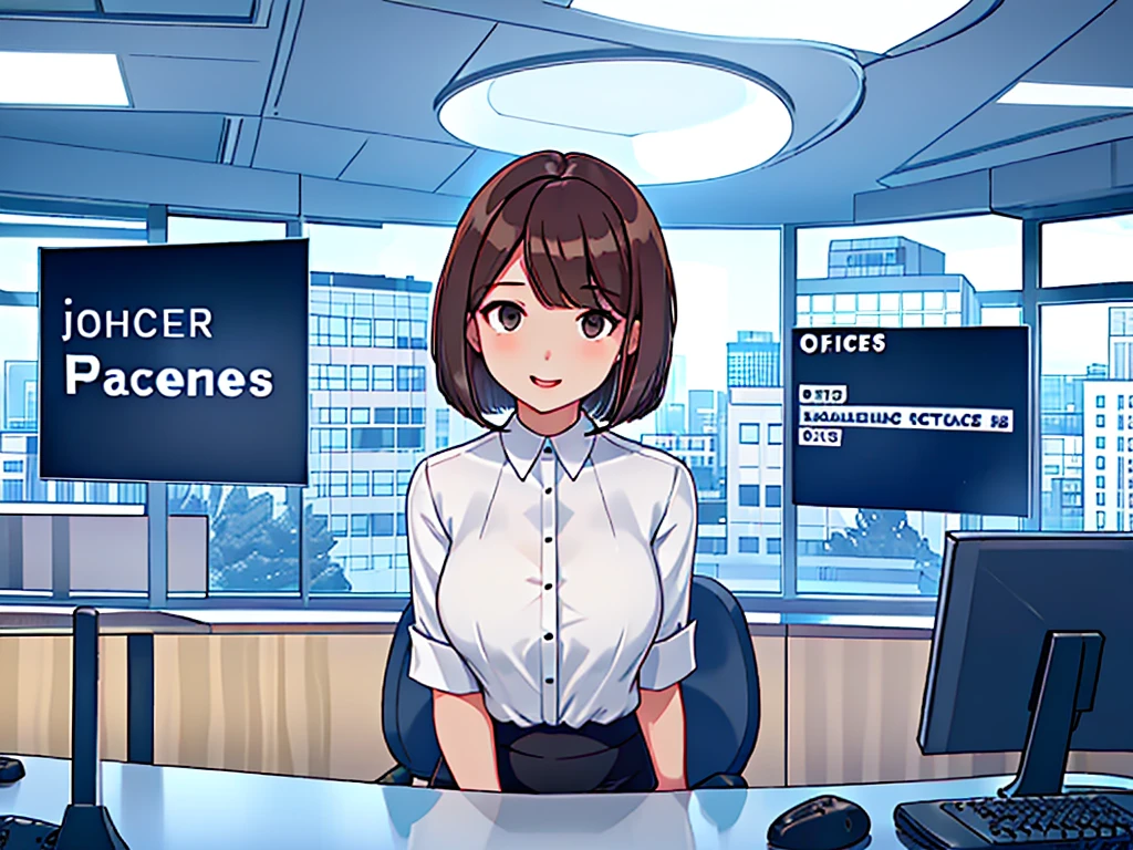 news studio, (((faceless office lady))), brown hair, bob cut, upper body, leading news, small wipe of park, detailed news program, ((from front)), [pixel art]