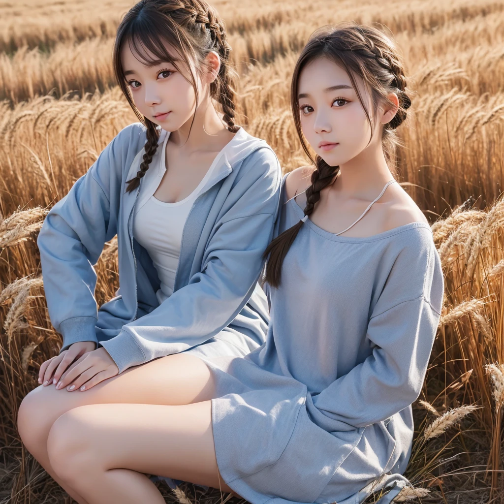 One Woman、Cute face、Also々New Expressions、Japanese、Attractive eyes、Chestnut mesh hair:1.5、French Braid、1、Grey Eyes、Camisole dress、Blue outerwear、Outdoor、Alsoとした佇まい、Wheat field