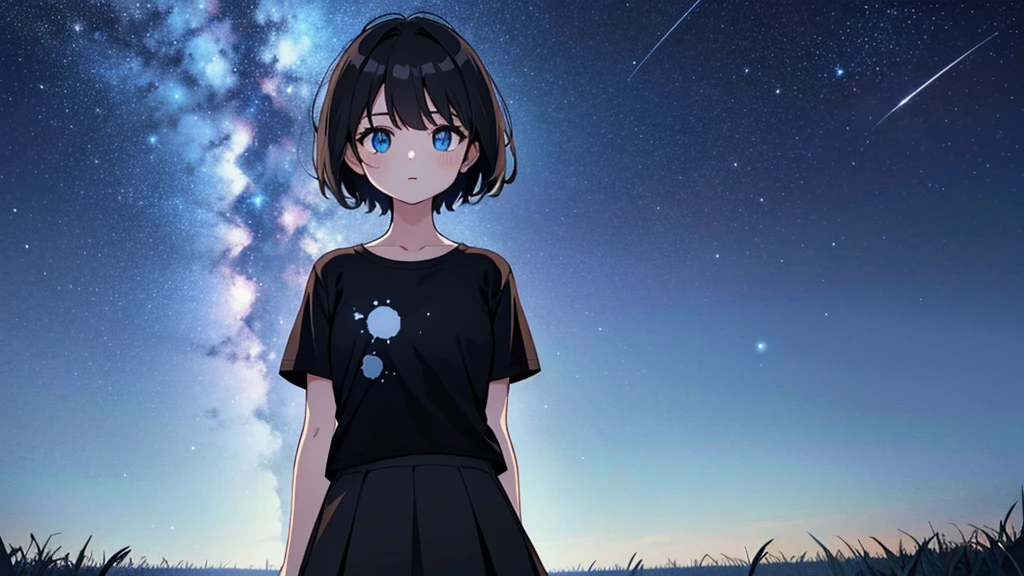 1girl, solo, blue eyes, (detailed eyes), flat chest, short hair, black hair, ((white t-shirt)), simple t-shirt, black skirt, black socks, upper body, ((masterpiece, illustration, best quality)) standing on a field viewing the night sky with dark clouds and stars 