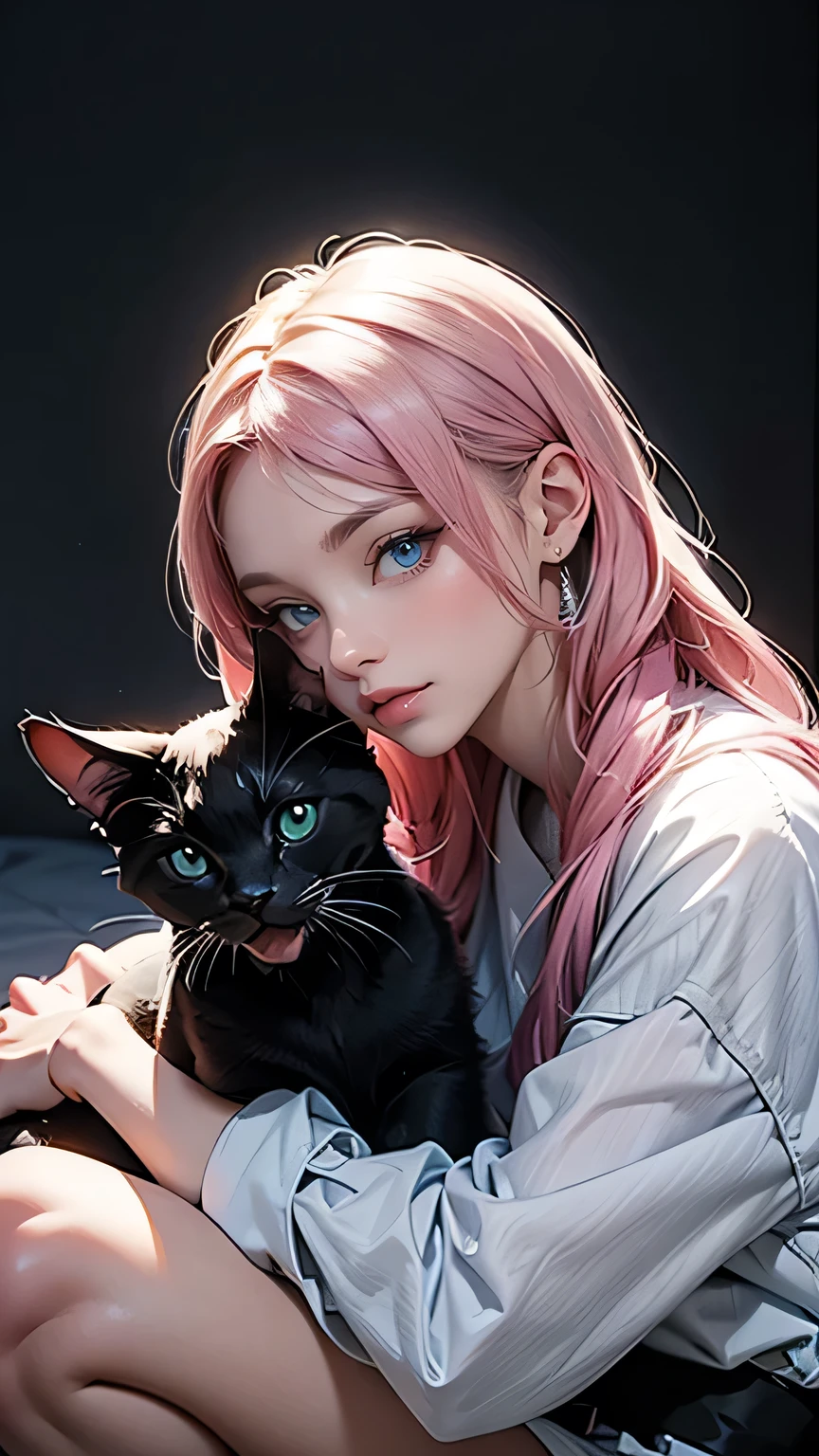 فتاة مع القط, قط أسود, شعر وردي、عيون زرقاء, الصورة الرمزية