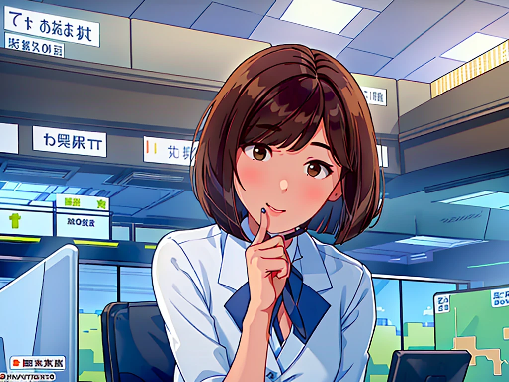 news studio, (((faceless office lady))), brown hair, bob cut, upper body, leading news, small wipe of park, detailed news program, ((from front)), [pixel art]