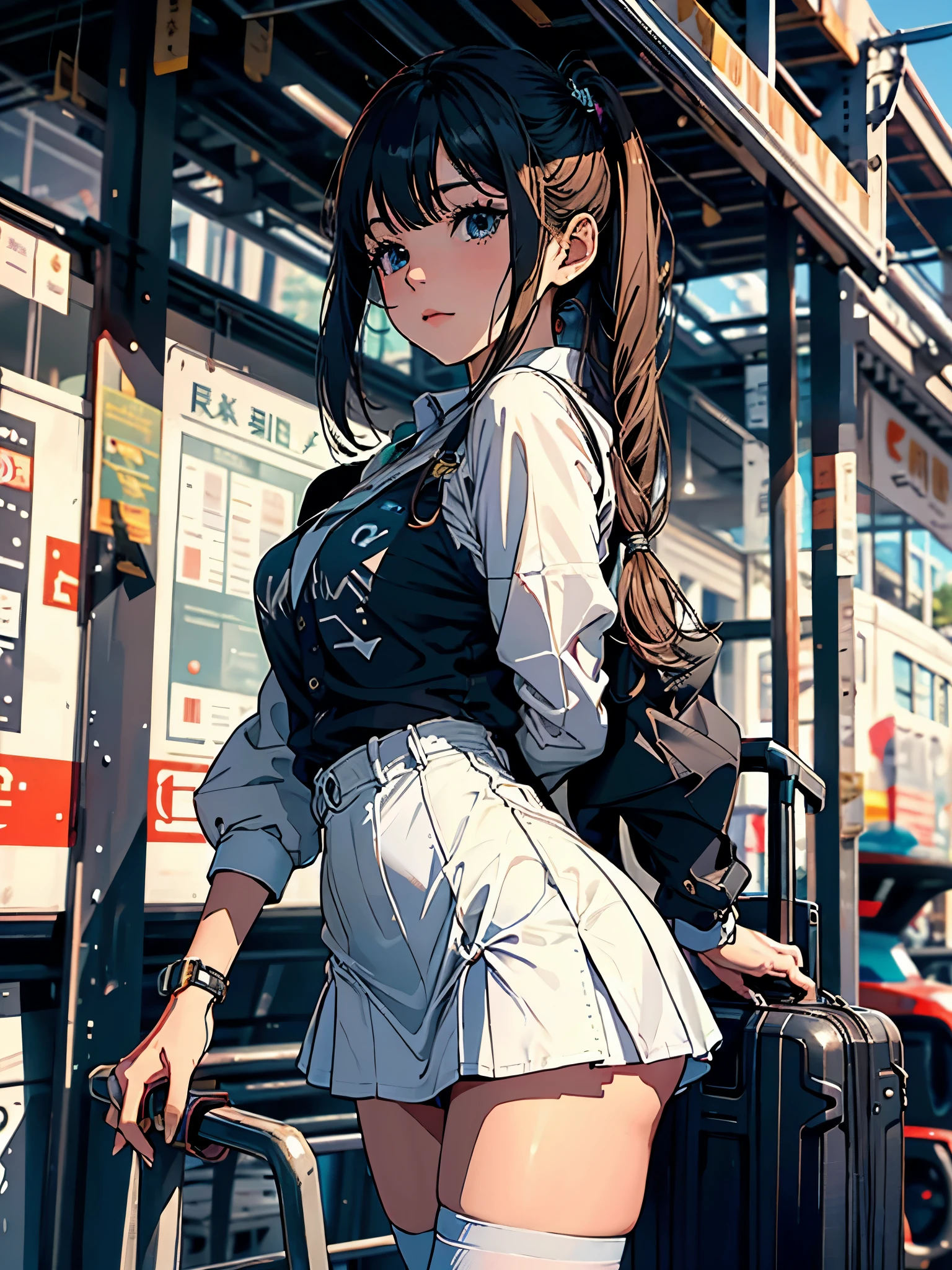 1 garota, de pé, prazos_hiprazosx style, Lar, uniforme escolar, o saco da escola, twintails, car, bolsa de transporte