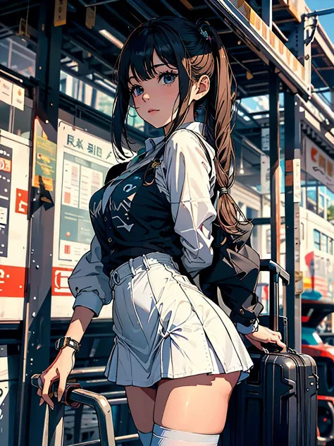 1 girl, standing, deadlines_hideadlinesx style, home, schoolar uniform, school bag, twintails, car, carrying bag