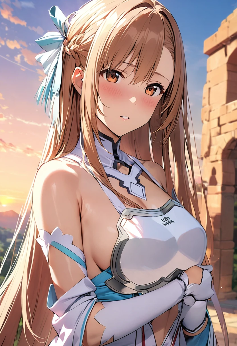 ((masterpiece)), Highest quality, Very detailed,(One Girl),Yuki Asuna、Asuna (stay), brown eyes, bare shoulders, breastplate, armor, detached sleeves, gloves, white gloves, (red and white dress), Long Hair, Beautiful background ,Clothing,  chest, (((aroused))), (((in heat))),