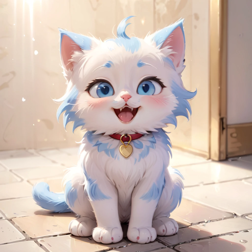 an adorable cartoon-style kitten sitting in a cute pose. The kitten has a fluffy blue and white fur pattern with large, expressive blue eyes and a happy, open-mouthed smile. The kitten's ears are pointed and slightly pink on the inside. It wears an red collar with a small gold tag. The fur is detailed and plush, giving the kitten a soft and cuddly appearance. The background is a simple, light pastel color to keep the focus on the kitten. The lighting is soft, adding a gentle glow to the scene.