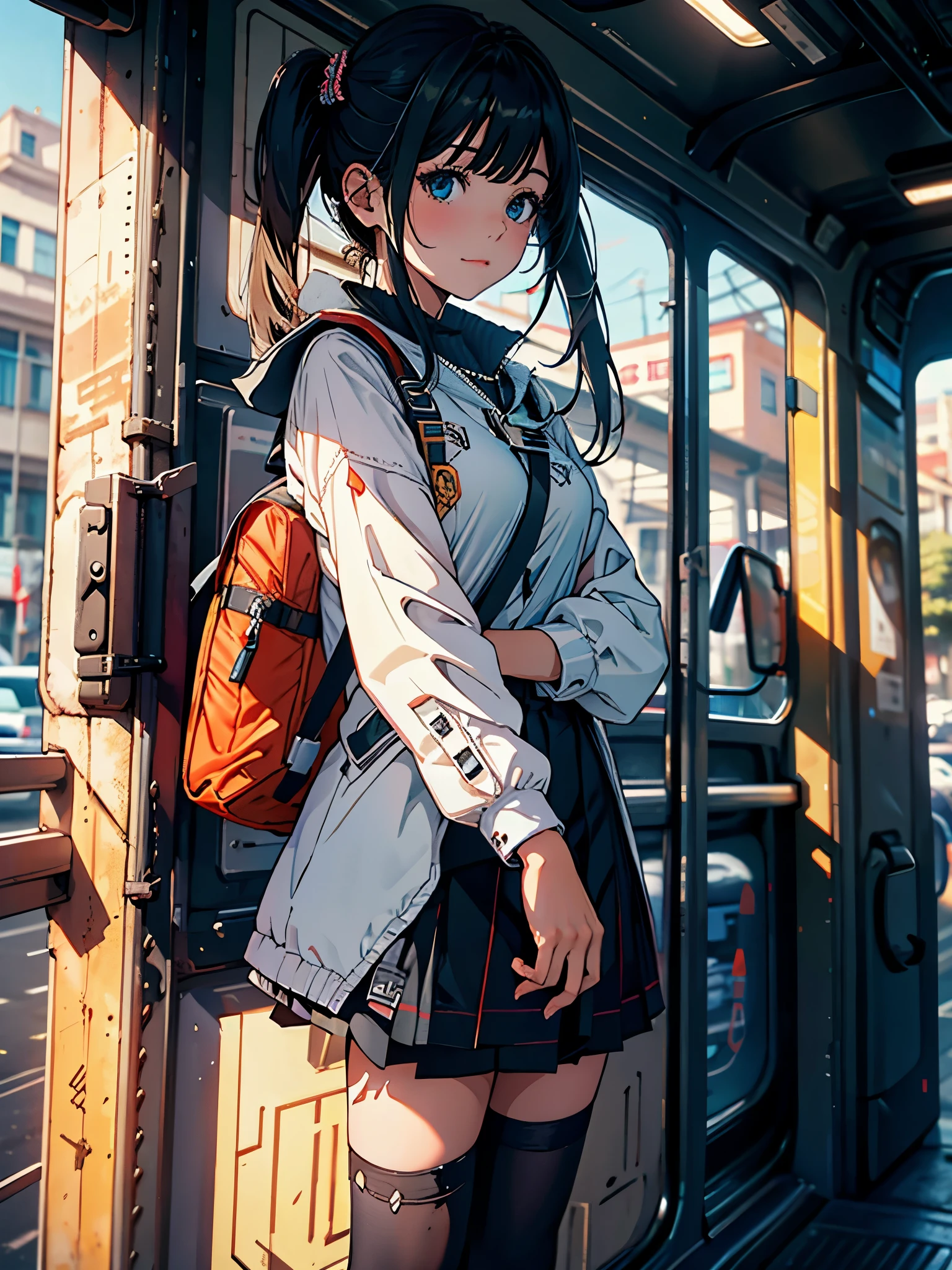 1 girl, standing, deadlines_hideadlinesx style, Home, schoolar uniform, school bag, twintails, car, carrying bag