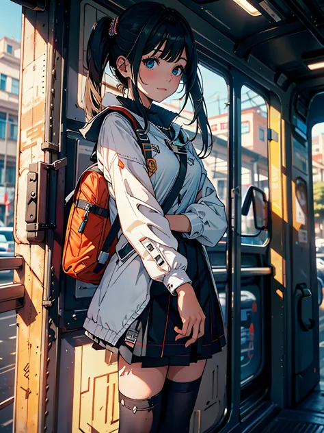 1 girl, standing, deadlines_hideadlinesx style, home, schoolar uniform, school bag, twintails, car, carrying bag