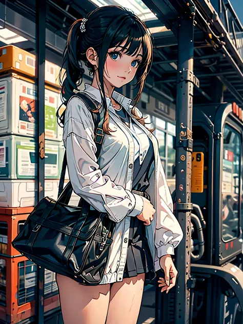 1 girl, standing, deadlines_hideadlinesx style, Home, schoolar uniform, school bag, twintails, car, carrying bag