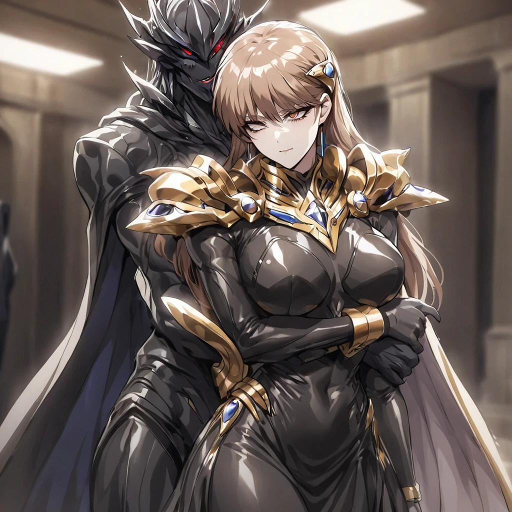 ((Highest quality)), ((masterpiece)), (detailed), （Perfect Face）、The woman is Princess Leona, with medium-long light brown hair, wearing a shiny, flashy, sexy, revealing black dress bodysuit, an open-front skirt, a cape, a headgear, lipstick and makeup, and is an evil female executive who is standing next to a man who is the dignified boss of an evil organization.、Women are brainwashed, expressionless, and have no highlights in their eyes.、The woman is being held close by the powerful boss of an evil organization.、The powerful boss of an evil organization embraces a woman and dotes on her.