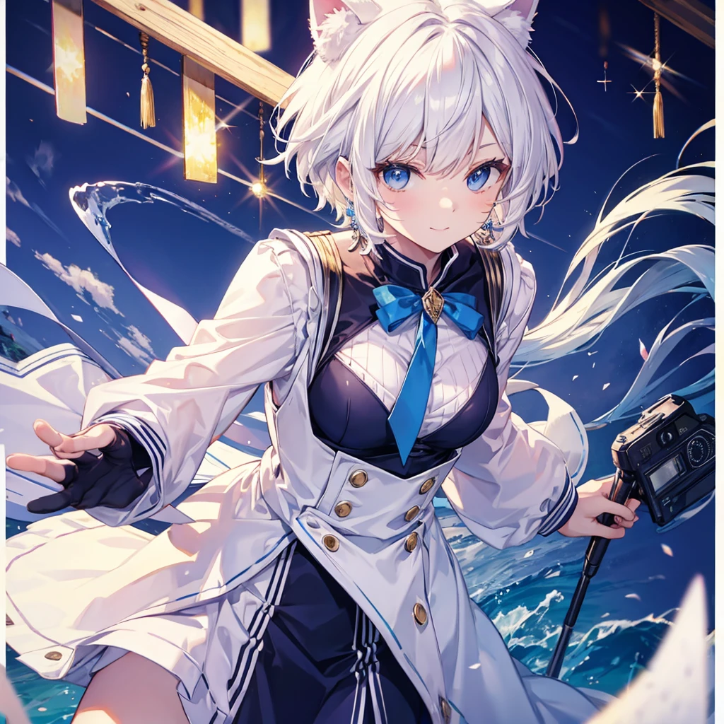 White Hair　blue eyes　short hair　Have　student　Cat ear　nice　Blue Earrings　necklace　gloves　beauty　thin　Sailor suit　Fantasy　smile　sunset　Fluffy hair