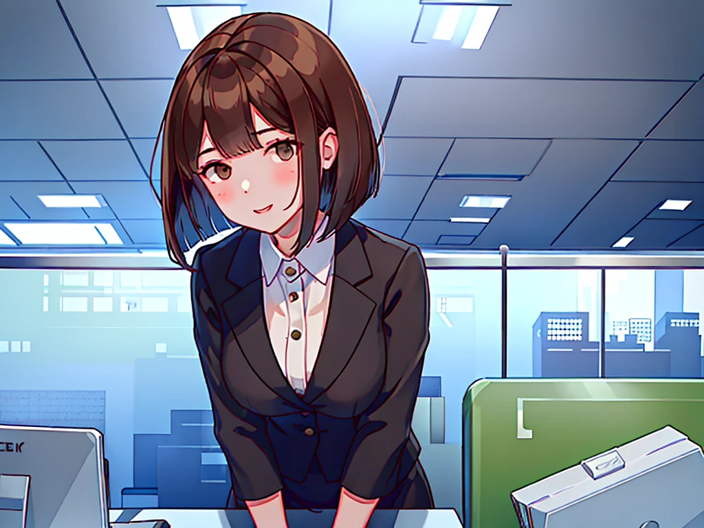 news studio, (((faceless office lady))), brown hair, bob cut, upper body, leading news, small wipe of park, detailed news program, ((from front)), [pixel art]