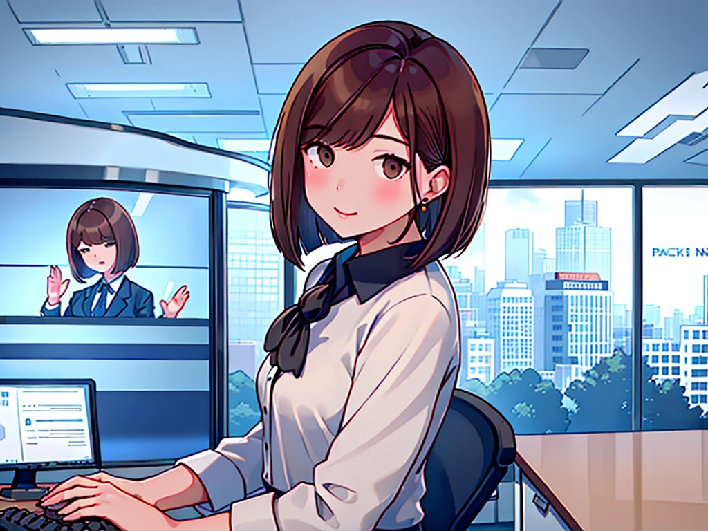 news studio, (((faceless office lady))), brown hair, bob cut, upper body, leading news, small wipe of park, detailed news program, ((from front)), [pixel art]