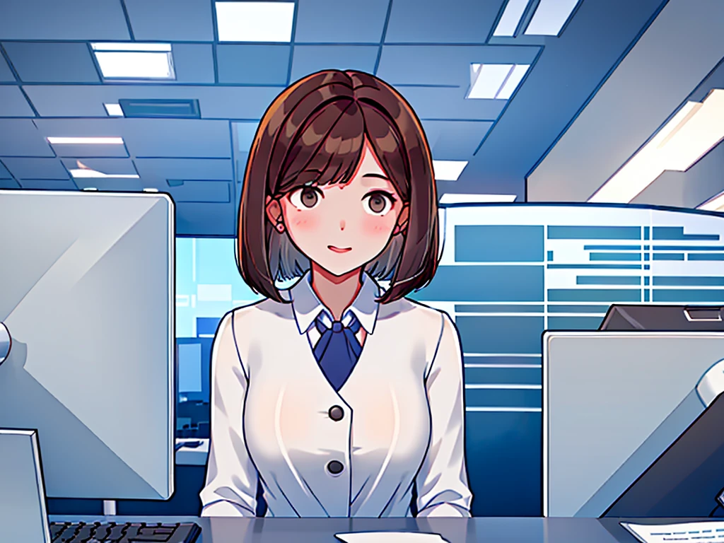 news studio, (((faceless office lady))), brown hair, bob cut, upper body, leading news, small wipe of park, detailed news program, ((from front)), [pixel art]