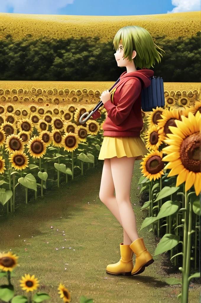 absurdres, highres, 
BREAK
Sunflower,(sun
Flower, background), 1girl, yuukakazami, red_eyes, green_hair,solo,light smile,
BREAK
solo,profile, looking up at the sky, squinting because the sunlight is too bright, microscopic eyes, half-closed eyes, white T-shirt, red hoodie, navy blue miniskirt, yellow short boots, umbrella closed, flower field, on top of a hill, hydrangea, sunlight after the rain, rainbow after the rain, light shining,