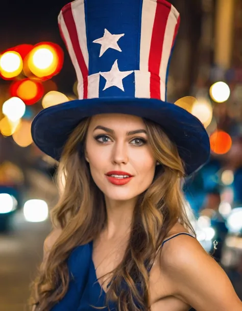 professional fashion close-up portrait photography of a young beautiful woman like uncle sam in the city at night, uncle sam hat...