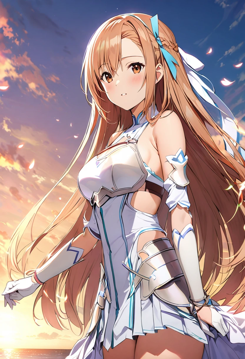 ((obra maestra)), de la máxima calidad, Muy detallado,(Una chica),Yuki Asuna、Asuna (permanecer), Ojos cafés, hombros descubiertos, coraza, armadura, mangas separadas, guantes, white guantes, (vestido rojo y blanco), pelo largo, hermoso fondo ,Ropa,  pecho, cuerpo completo