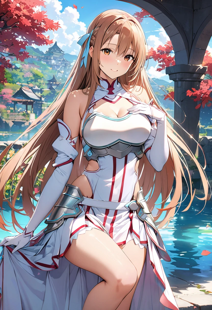 ((obra maestra)), de la máxima calidad, Muy detallado,(Una chica),Yuki Asuna、Asuna (permanecer), Ojos cafés, hombros descubiertos, coraza, armadura, mangas separadas, guantes, white guantes, (vestido rojo y blanco), pelo largo, hermoso fondo ,Ropa,  pecho, cuerpo completo