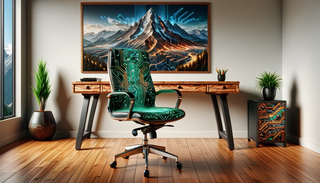 mad-circuit office chair and wooden desk in an expensive office, photograph of a mountain on the wall (masterpiece:1.2), best quality, (hyperdetailed, highest detailed:1.2), high resolution textures