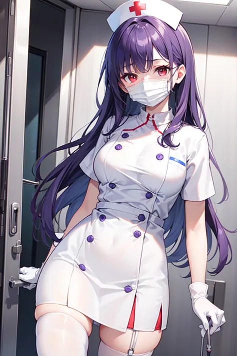 1woman, solo, nurse, white nurse cap, white nurse uniform, ((white legwear, zettai ryouiki)), white gloves, long hair, purple ha...