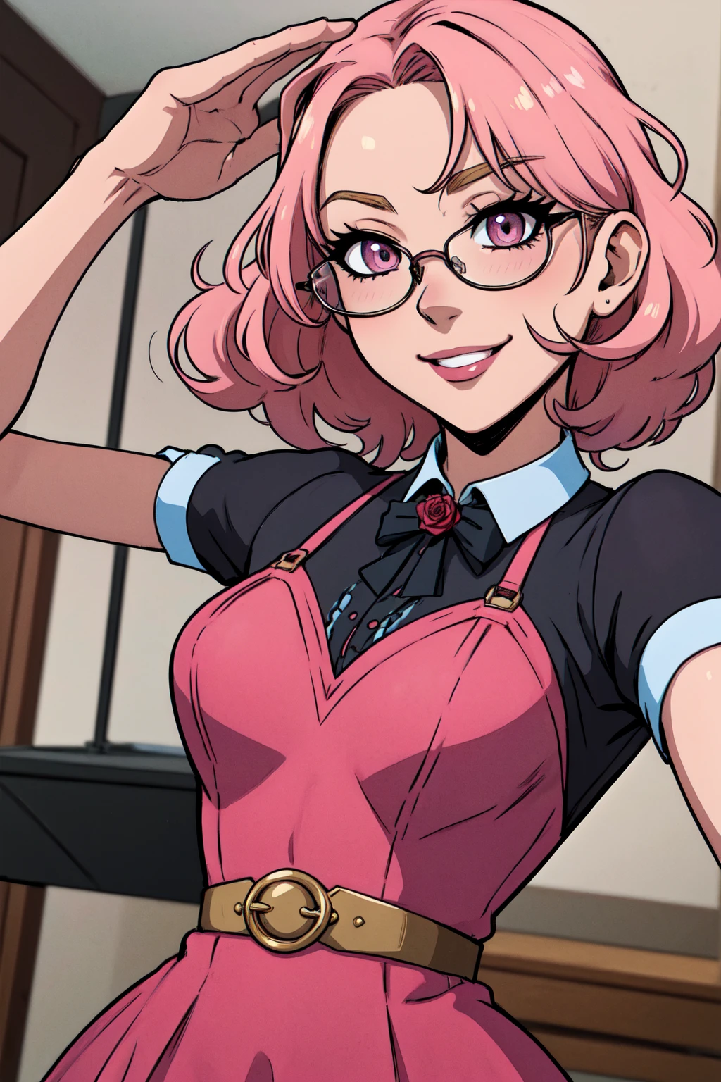 {-erro_de_anatomia:1.0}(best quality,4k,8k,highres,masterpiece:1.2) Anime girl tuxedo with curly rose gold hair and round gold glasses, rose gold eyes. Guviz style art, attractive detailed art style, Charlie Bowater Style, 1 7 - year - old cute anime girl, detailed manga style, detailed anime character art, germ of art. High detail, stunning manga art style. Rose dress. (pink dress) . Wearing rose gold Victorian clothing, dynamic poses, smile. Different Pose, upper body