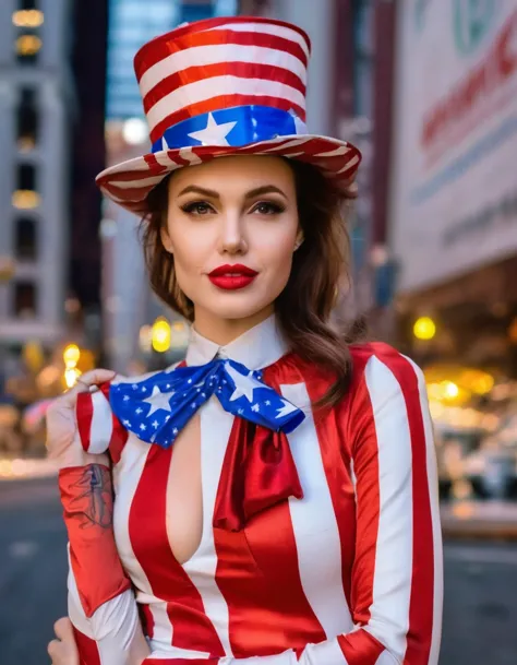 professional fashion close-up portrait photography of a young beautiful woman like uncle sam in the city at night, uncle sam hat...