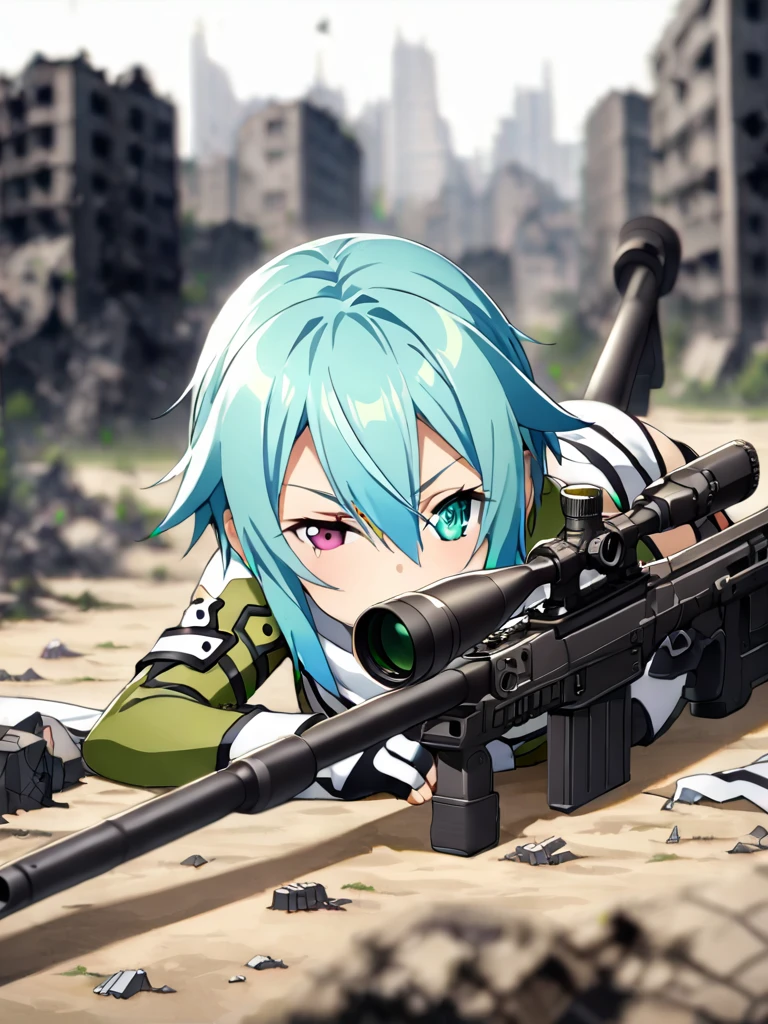 (Obra maestra),(de la máxima calidad),(alta resolución),(Muy detallado),Una mujer,japonés, Sinon de Sword Art Online, pelo azul, bufanda blanca, ,todo el cuerpo,BREAK(((apuntar a algo con un rifle de francotirador negro))),((Cierra un ojo y mira a través del telescopio.))(Acostada),((Rifle de francotirador)),(El fondo es una ciudad destruida.),(((Desenfoque de fondo)))