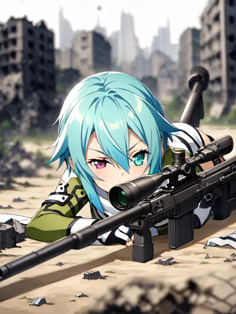 (masterpiece),(Highest quality),(High resolution),(Very detailed),One Woman,Japanese, Sinon from Sword Art Online, blue hair, wh...