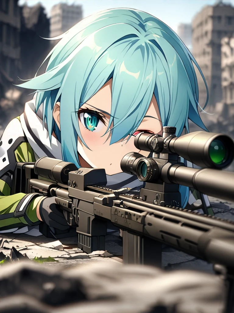 (masterpiece),(Highest quality),(High resolution),(Very detailed),One Woman,Japanese, Sinon from Sword Art Online, blue hair, white scarf, ,whole body,BREAK(((aim at something with a black sniper rifle))),((Close one eye and look through the scope))(Lying down),((Sniper Rifle)),(The background is a destroyed city),(((Background Blur)))