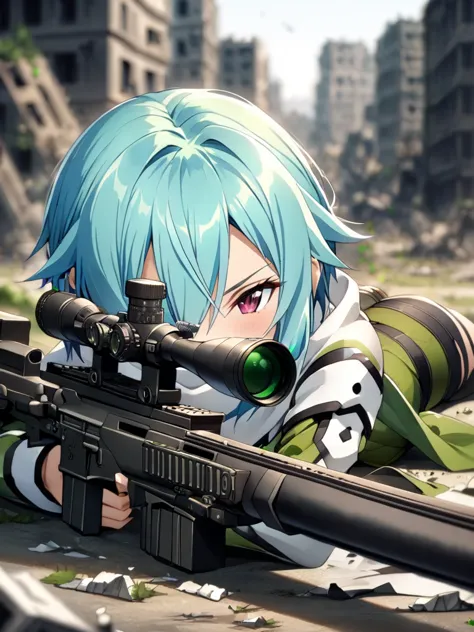 (masterpiece),(Highest quality),(High resolution),(Very detailed),One Woman,Japanese, Sinon from Sword Art Online, blue hair, wh...