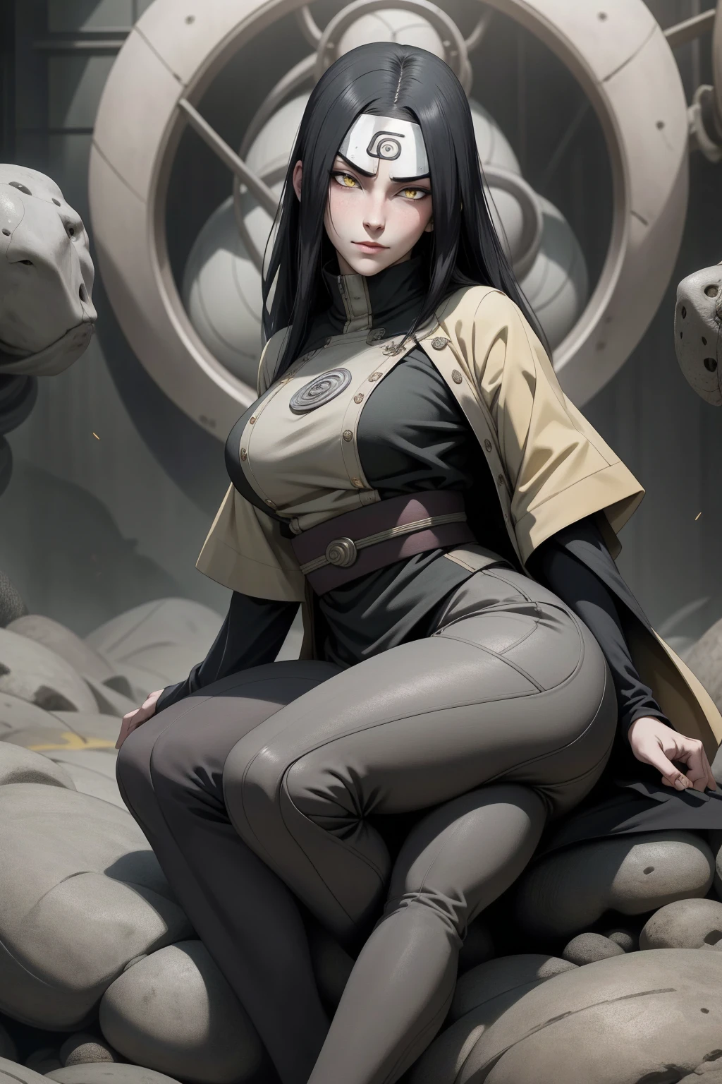 {-erro_de_anatomia:1.0} estilo anime, Masterpiece, absurdities, Orochimaru\(Naruto\), 1girl Solo, Mature woman, Oversized shirt with broad shoulders, Perfect composition, Detailed lips, large breasts, Beautiful face, body proportion, Blush, Long black hair, ( black hair), yellow eyes, (sexy), Soft gauze, Super realistic, Detailed, photo shoot, Realistic faces and bodies, masterpiece, best quality, best illustration, hyper detailed, 1 girl, solo, glamorous, blushing, whole body, sitting on the ground, dimanic poses