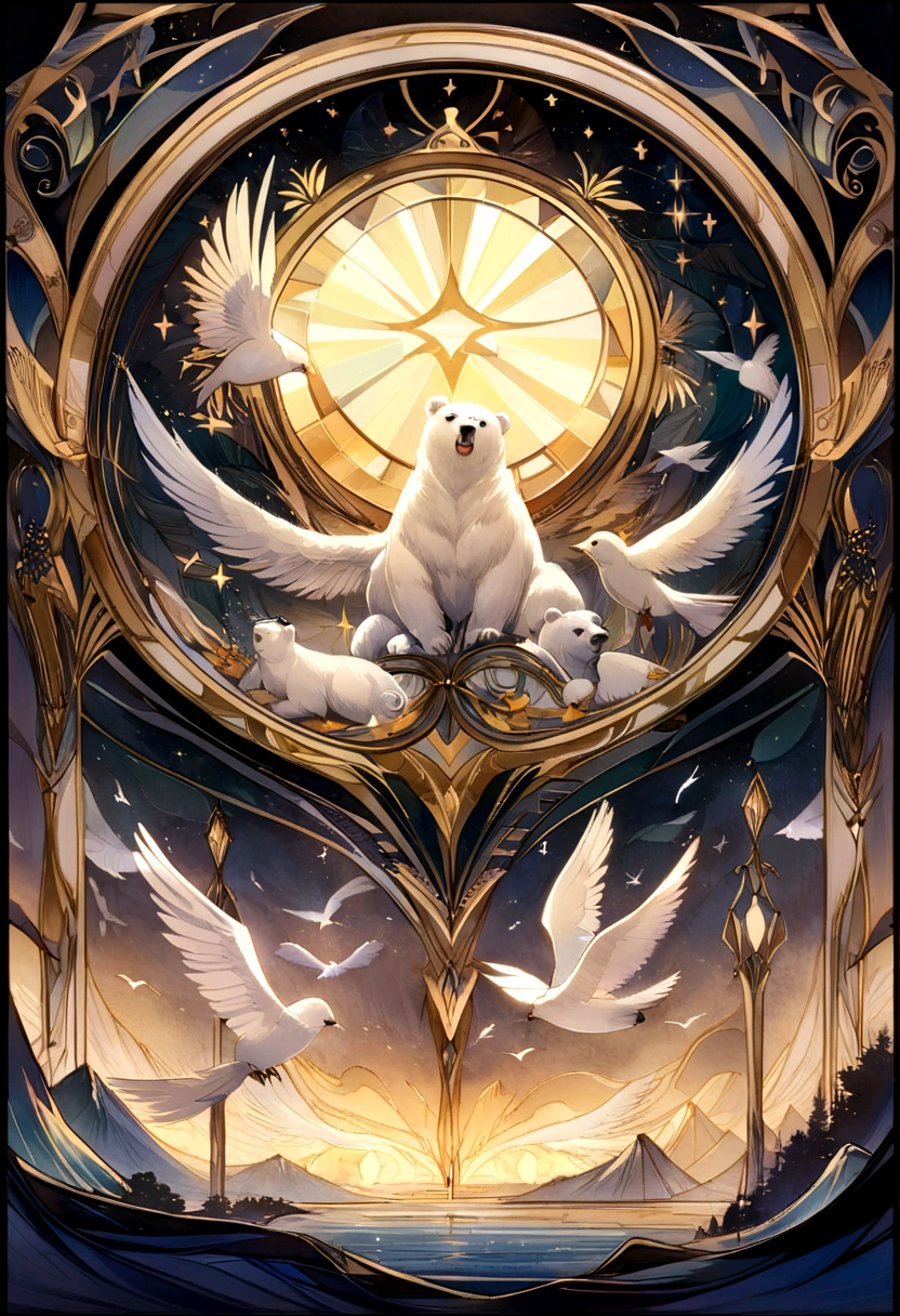 In a moonlit night,white bear,a mesmerizing scenery unfolds—a flock of birds gracefully soaring amidst the monogram art. The birds' wings feathered with intricate details intensify their beauty as they glide through the air in perfect harmony. The moon, adorned with a halo of soft light, casts a gentle glow over the landscape, adding an ethereal touch to the scene. The monogram art, with its refined craftsmanship, creates a captivating visual narrative, seamlessly merging traditional and contemporary elements. The artwork's medium, a combination of digital and hand-drawn techniques, infuses the scene with a unique,staine glass,