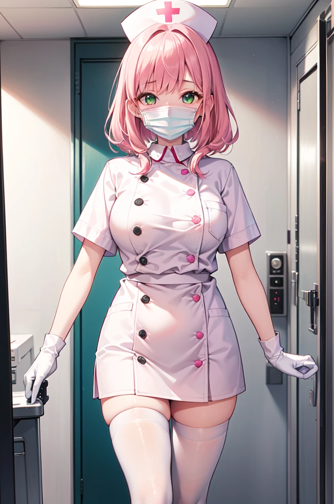 1woman, solo, nurse, white nurse cap, white nurse uniform, ((white legwear, zettai ryouiki)), white gloves, pink hair, green eyes, drooping eyes, ((white surgical mask, covered nose)), standing, ((hospital room)), sharp outline, short sleeves, mature female, 32 years old, best quality, masterpiece