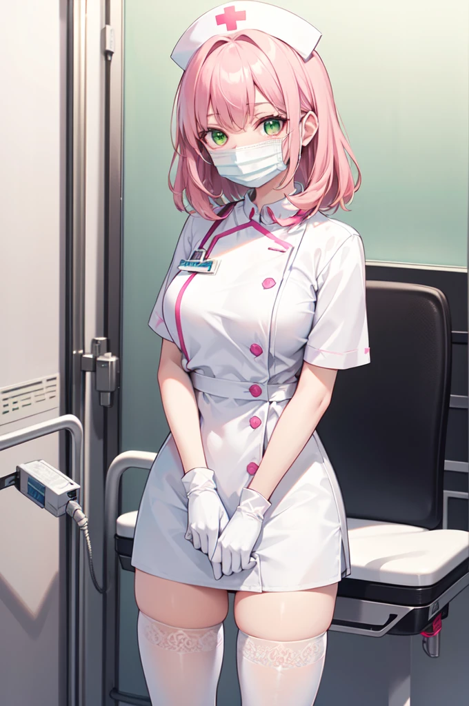 1woman, solo, nurse, white nurse cap, white nurse uniform, ((white legwear, zettai ryouiki)), white gloves, pink hair, green eyes, drooping eyes, ((white surgical mask, covered nose)), standing, ((hospital room)), sharp outline, short sleeves, mature female, 32 years old, best quality, masterpiece