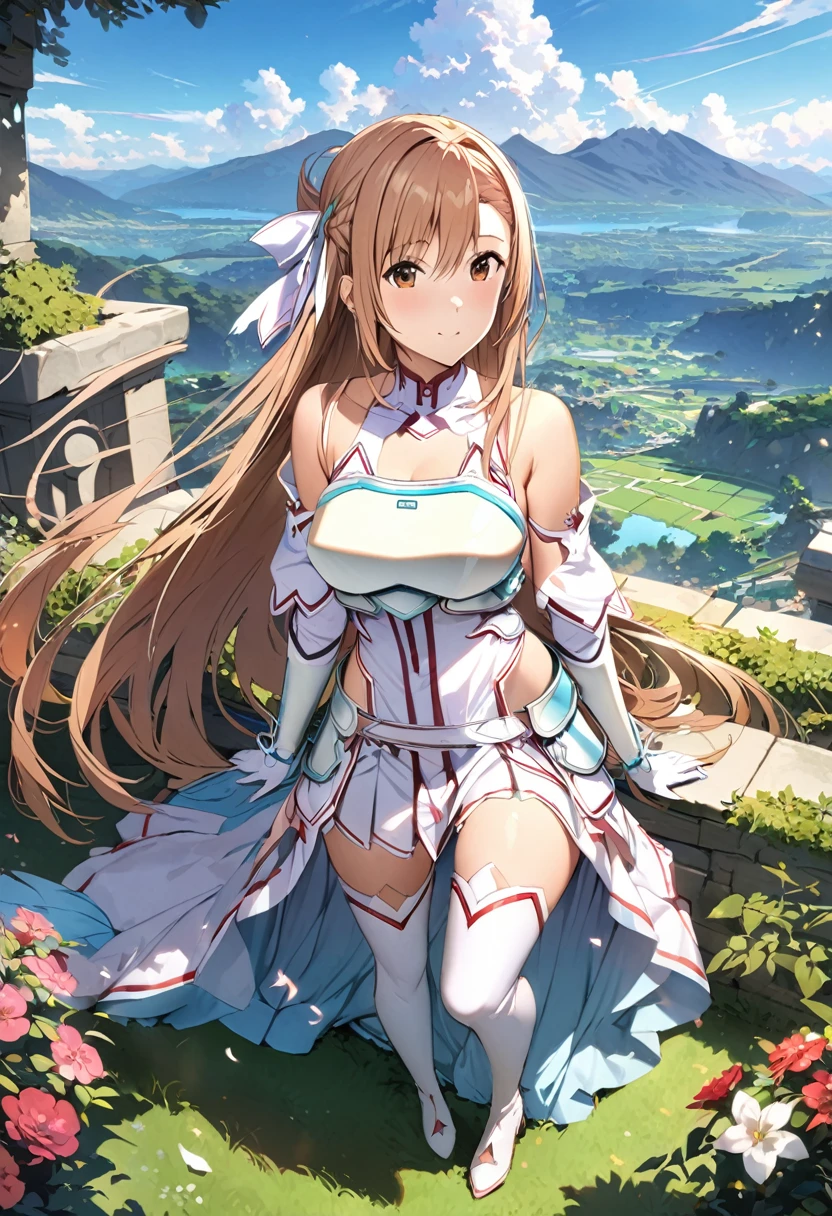 ((masterpiece)), Highest quality, Very detailed,(One Girl),Yuki Asuna、Asuna (stay), brown eyes, bare shoulders, breastplate, armor, detached sleeves, gloves, white gloves, thigh high boots, (red and white dress), Long Hair, Beautiful background ,Clothing,  chest, Full Body