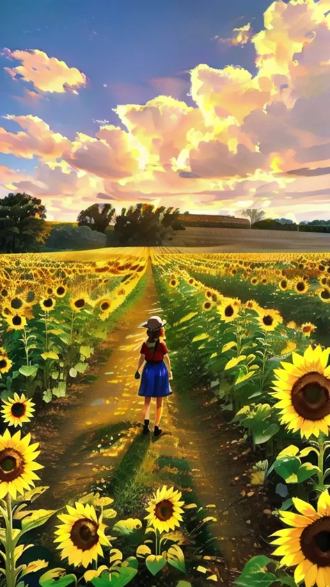 sunflower field and girl&#39;s back view (high resolution)、