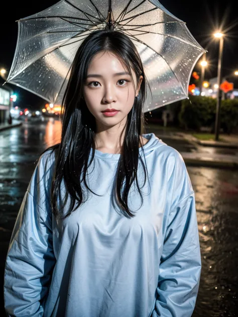 (a girl in wet clothes,rainy night,dilapidated in the street),(best quality,highres,ultra-detailed,realistic),(portraits,photogr...